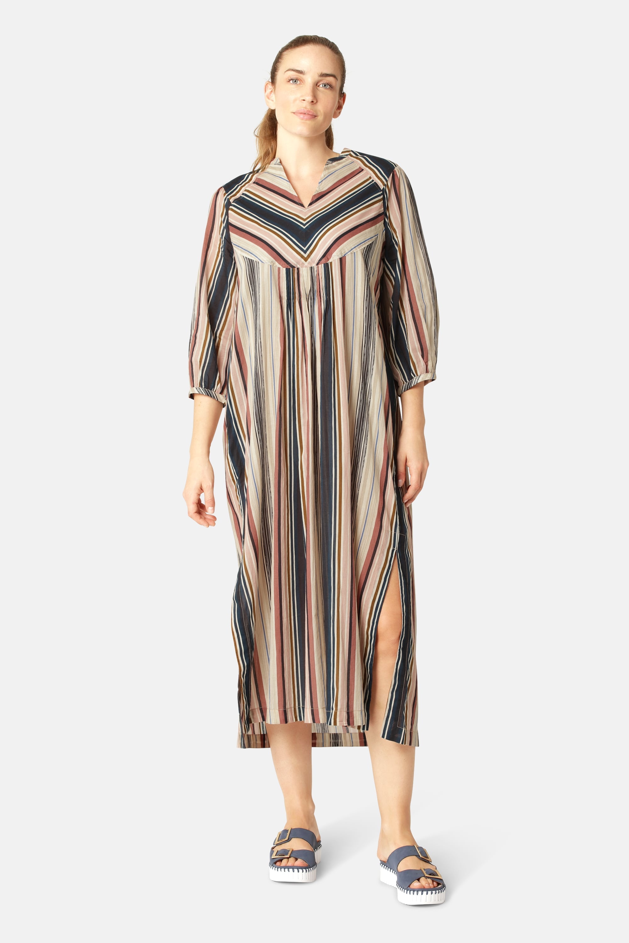 Balloon Sleeve Long Dress Pintuck - Beige Organic Stripe